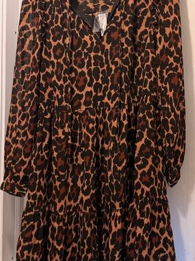 Leopard Print Tiered Long Sleeve Dress - Black & Brown